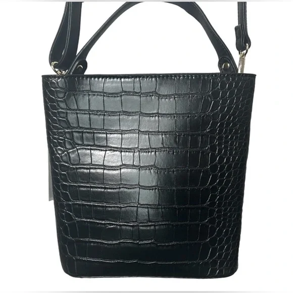 NWT AOTA Black Crocodile Vegan Leather Crossbody Bucket Bag - Picture 7 of 7